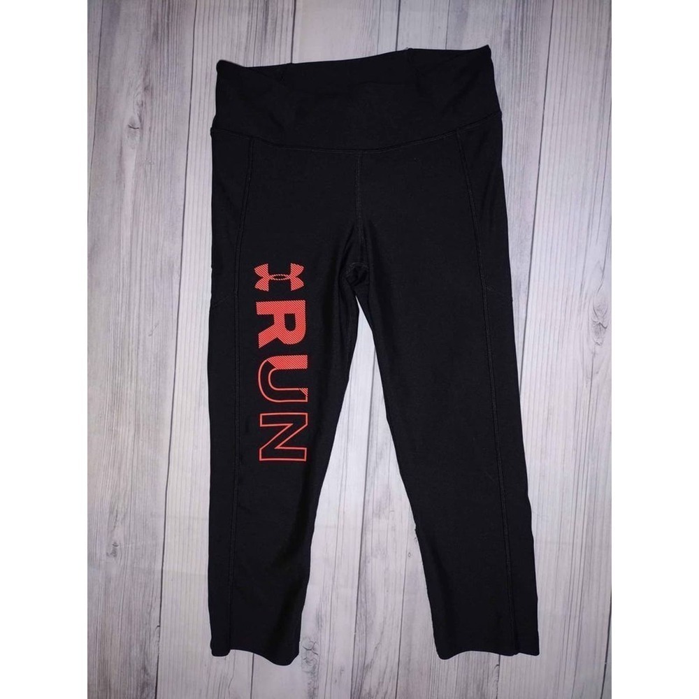 Under Armour Women Black Heatgear Compression Cropped Leggings Run Logo‎ Size S